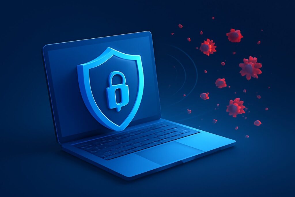Computer screen displaying antivirus software dashboard with alerts