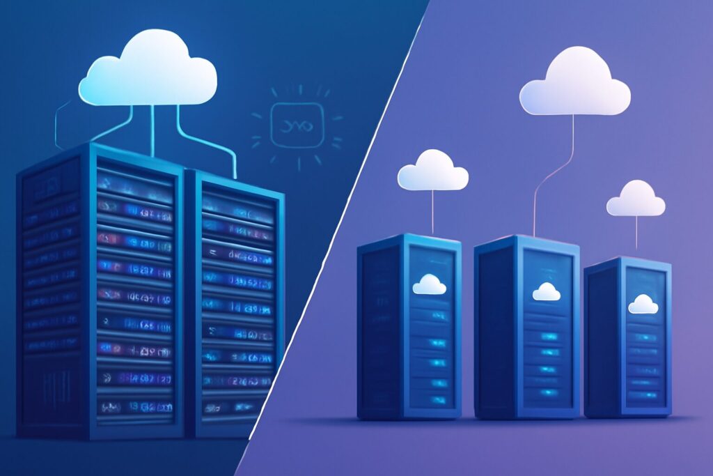 Cloud servers with vibrant data lines connecting to tech devices