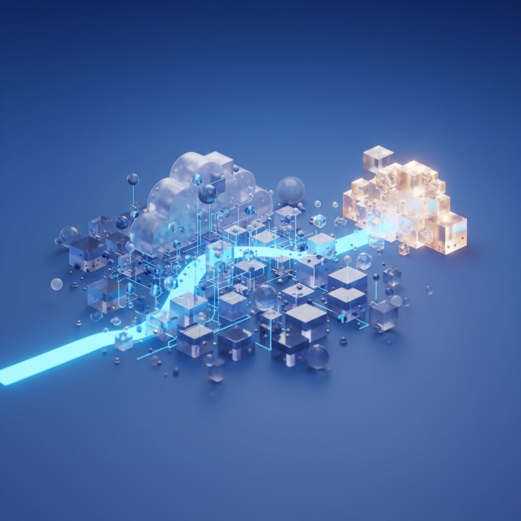 A futuristic, clean office setting with a holographic interface displaying secure data points and a padlock icon, symbolizing advanced cloud storage.