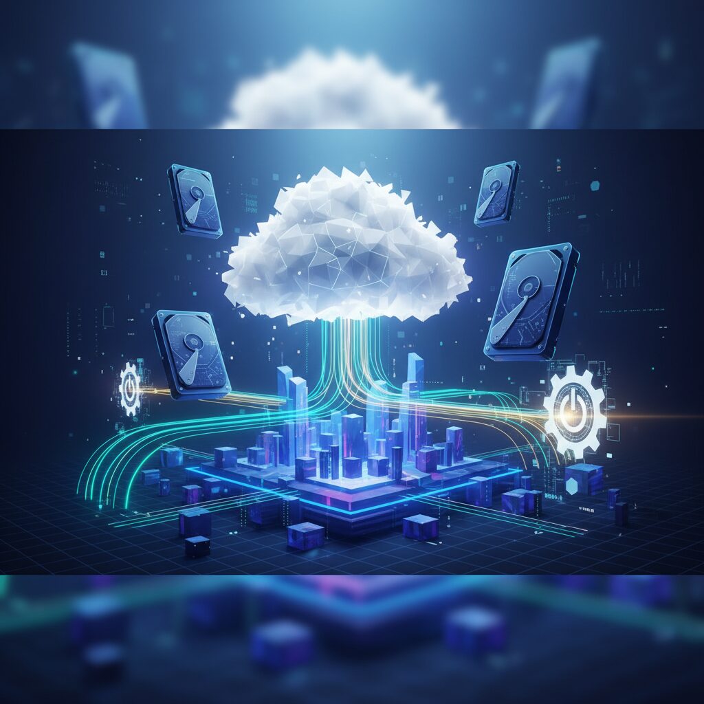 Abstract visualization of secure cloud data storage and high-speed data flow, with intricate connections and advanced digital interface elements for power users.