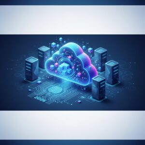 A diverse group of tech-savvy individuals collaboratively working on laptops and tablets, surrounded by holographic data displays and interconnected cloud icons, in a modern, brightly lit office environment.