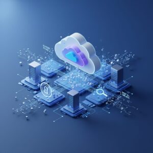 A stylized representation of secure data storage in a digital cloud, with files and folders safely tucked away, emphasizing reliability and accessibility from multiple devices.