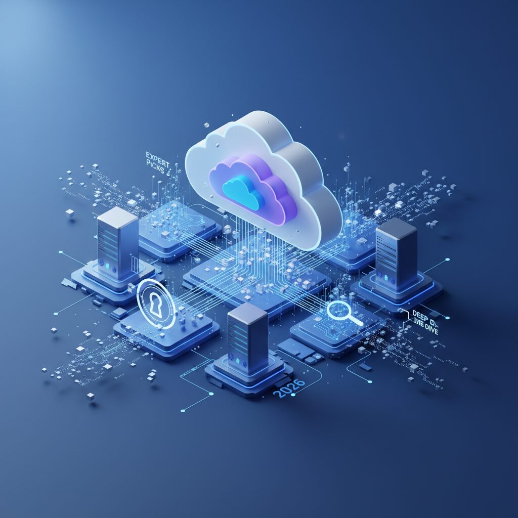 A stylized representation of secure data storage in a digital cloud, with files and folders safely tucked away, emphasizing reliability and accessibility from multiple devices.