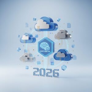 A group of diverse small business professionals collaborating with laptops and tablets, surrounded by abstract digital data flowing into a secure, stylized cloud icon.