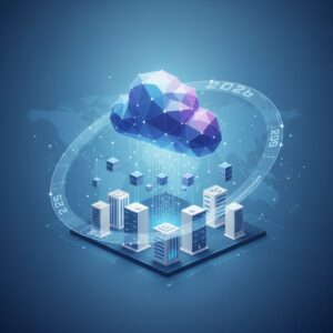 A diverse team of small business professionals collaborating confidently around a holographic cloud interface, data flowing securely between devices in a modern office.
