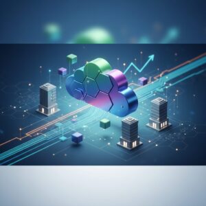 A small business owner confidently interacts with a sleek, minimalist holographic interface displaying securely stored data and synchronized devices in a modern office.