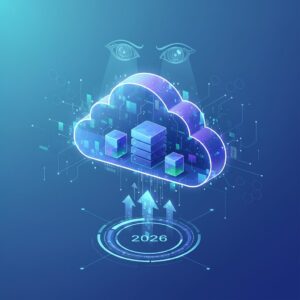 Digital data streams flowing into a sleek, futuristic cloud server network, with professionals accessing information securely on various devices.