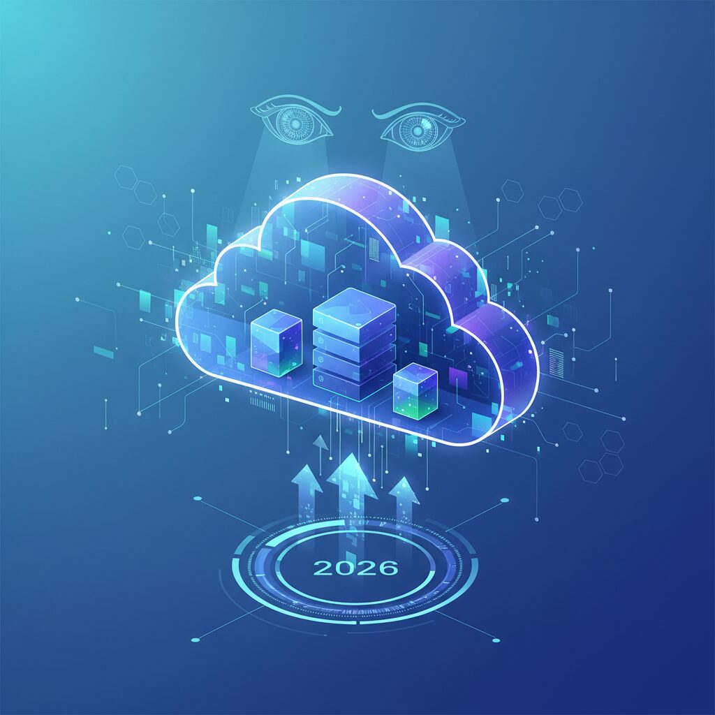 Digital data streams flowing into a sleek, futuristic cloud server network, with professionals accessing information securely on various devices.