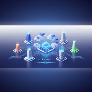 A sleek, futuristic data center with glowing blue light, representing secure and advanced cloud storage technology, with abstract data streams flowing.