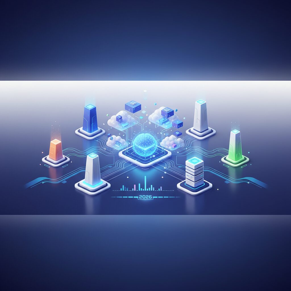 A sleek, futuristic data center with glowing blue light, representing secure and advanced cloud storage technology, with abstract data streams flowing.