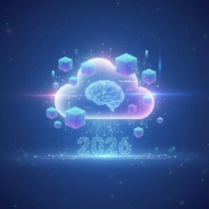A secure, abstract representation of cloud storage with data flowing between devices and a central cloud icon, illuminated by futuristic blue and purple light.
