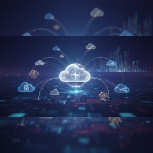 A stylized illustration showing data flowing securely into a abstract cloud icon, surrounded by various digital devices like a laptop, tablet, and smartphone, emphasizing accessibility and security.