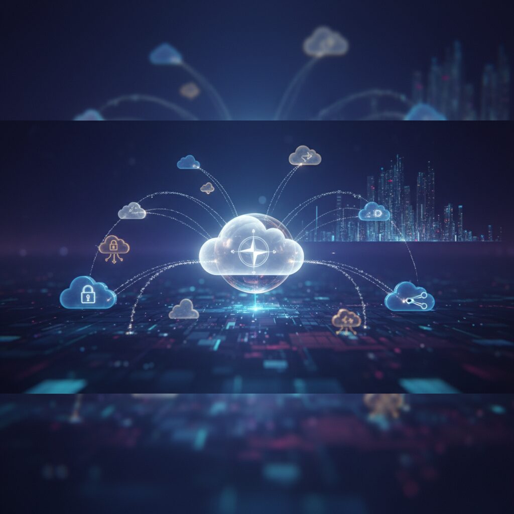 A stylized illustration showing data flowing securely into a abstract cloud icon, surrounded by various digital devices like a laptop, tablet, and smartphone, emphasizing accessibility and security.