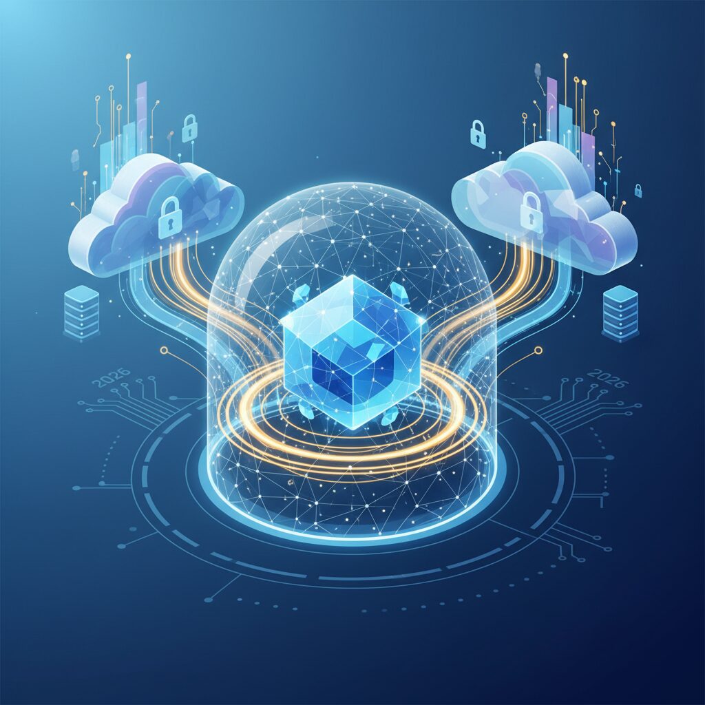Abstract digital representation of cloud storage, featuring secure data flow and interconnected network nodes against a blue and white futuristic backdrop.