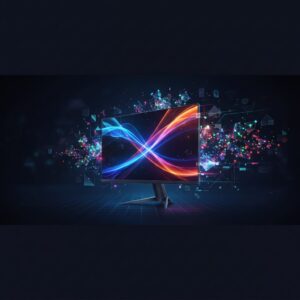 A futuristic gaming setup featuring a large, vibrant QD-OLED monitor displaying a fast-paced game, surrounded by ambient RGB lighting.