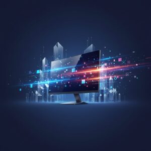 Sleek OLED gaming monitor displaying a vibrant, fast-paced game on a minimalist desk with glowing peripherals. Showcases incredible color and smooth motion.