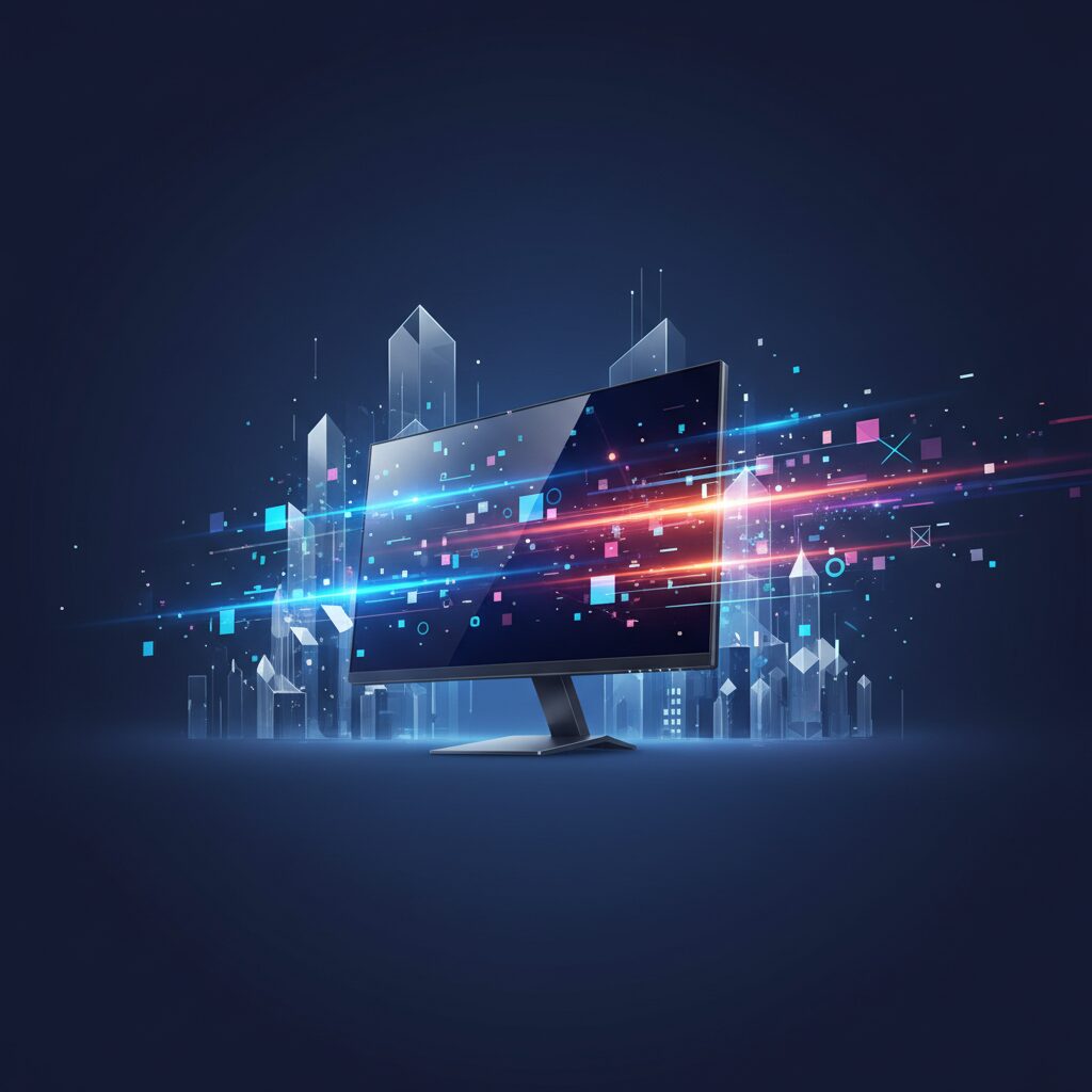 Sleek OLED gaming monitor displaying a vibrant, fast-paced game on a minimalist desk with glowing peripherals. Showcases incredible color and smooth motion.