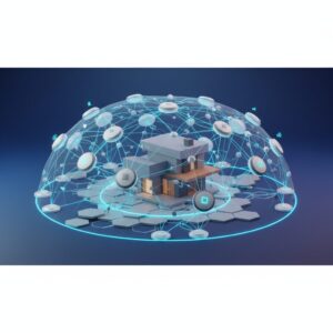 Modern mesh WiFi nodes strategically placed across a stylish, light-filled living room, symbolizing robust, seamless internet coverage.