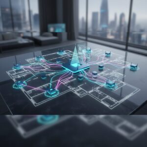 Sleek mesh Wi-Fi units strategically placed across a modern, spacious home interior, with seamless network coverage icons indicating strong signal.