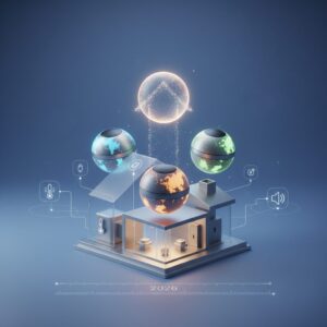A futuristic AI assistant interface projected onto a holographic display, interacting with a user's hand gestures in a modern, minimalist setting, showcasing advanced technology.