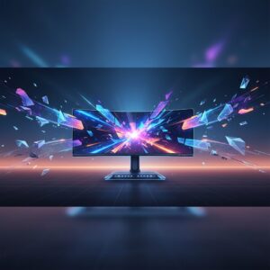 Sleek, futuristic next-gen gaming monitor displaying a vibrant, high-fidelity game scene with dynamic lighting and intricate details, set in a modern gaming room.