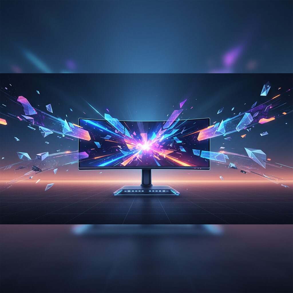 Sleek, futuristic next-gen gaming monitor displaying a vibrant, high-fidelity game scene with dynamic lighting and intricate details, set in a modern gaming room.