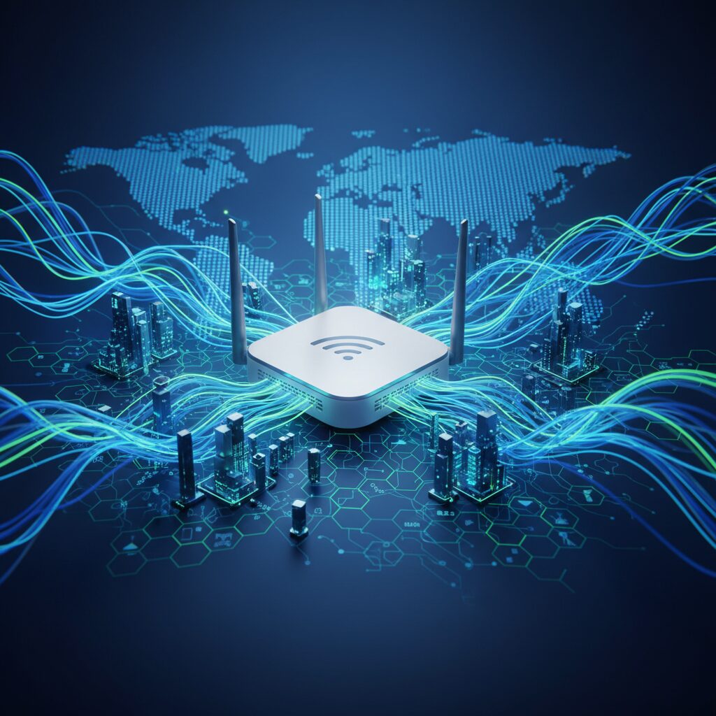A sleek, modern next-gen WiFi router with abstract light trails symbolizing fast data, placed on a minimalist surface in a contemporary home setting.