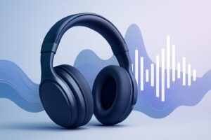 Modern wireless headphones with sleek design on a wooden tabletop
