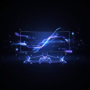 Sleek, modern OLED gaming monitor displaying a vibrant, fast-paced action game. The screen shows detailed graphics, illuminated by dynamic, colorful lighting in a futuristic gaming setup.