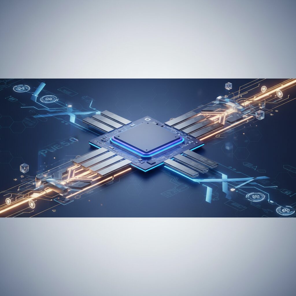 Close-up of a sleek, futuristic PCIe 5.0 NVMe SSD on a dark, reflective surface, with glowing digital data streams representing speed.