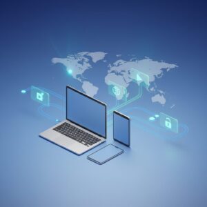 A glowing digital globe with secure network lines connecting to laptops and smartphones, overlaid with a protective shield icon, symbolizing global VPN privacy.