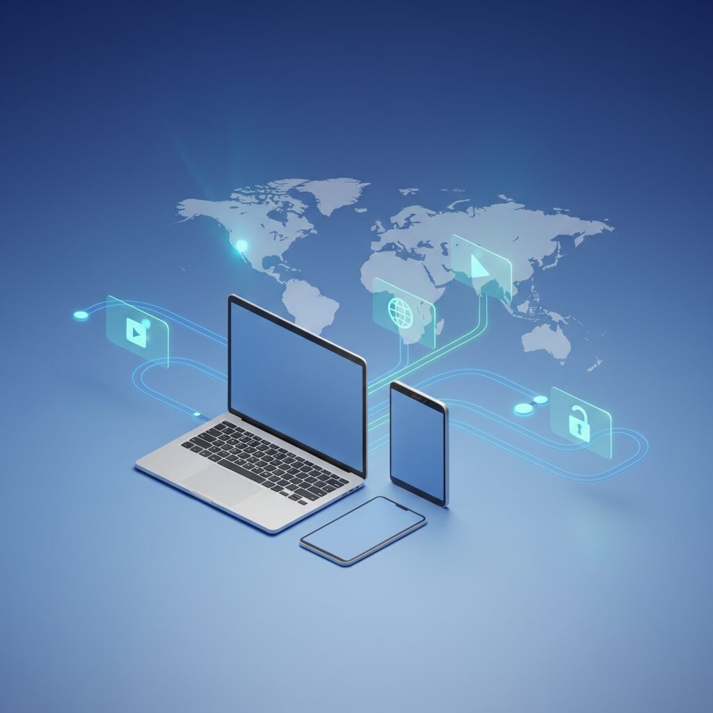 A glowing digital globe with secure network lines connecting to laptops and smartphones, overlaid with a protective shield icon, symbolizing global VPN privacy.
