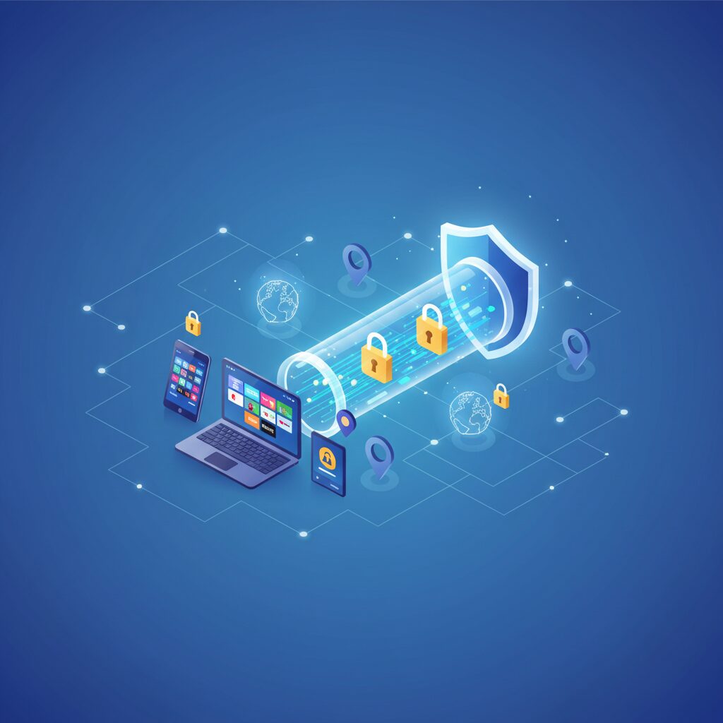 A glowing shield icon surrounded by interconnected digital lines and data packets, symbolizing online privacy and robust performance provided by a VPN service in a futuristic setting.