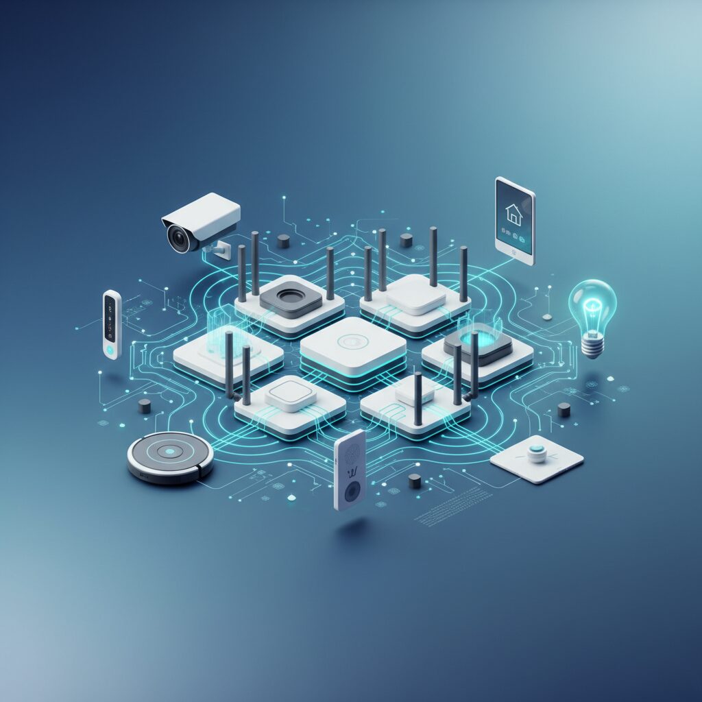 Modern home interior with sleek white Wi-Fi 7 mesh nodes strategically placed to provide optimal coverage. Subtle blue glow emanates from devices.