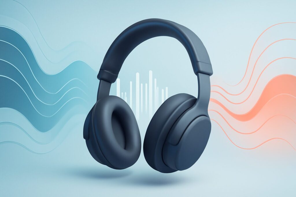 Modern wireless headphones resting on a wooden table with a plant nearby