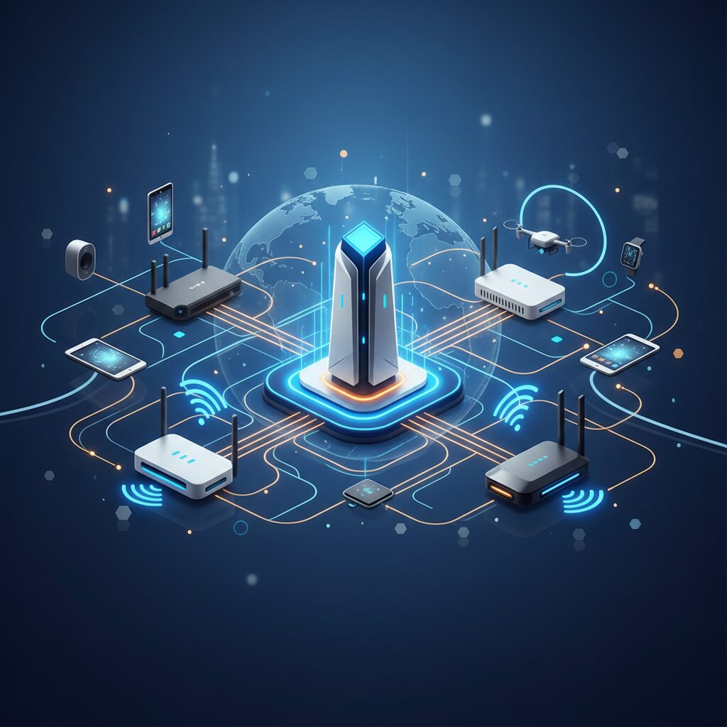 Sleek, futuristic wireless router glowing subtly in a modern smart home living room, with blurred digital lines representing fast connectivity. A family is faintly visible in the background interacting with smart devices.