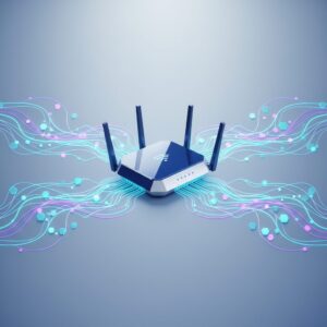 Sleek, futuristic wireless router placed on a clean wooden desk in a modern living room, with a blurred background showing connectivity symbols and light trails.