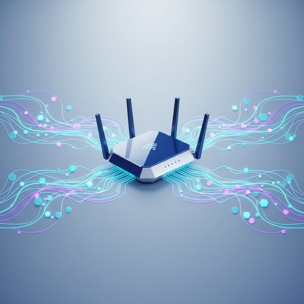 Sleek, futuristic wireless router placed on a clean wooden desk in a modern living room, with a blurred background showing connectivity symbols and light trails.