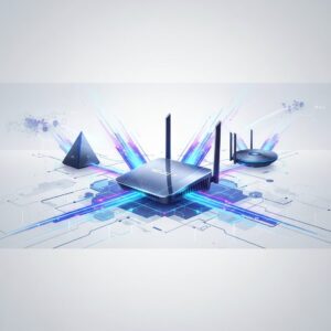 A sleek, futuristic Wi-Fi 7 router with multiple antennas emitting a subtle blue glow, symbolizing strong signal coverage, in a modern home office setting.