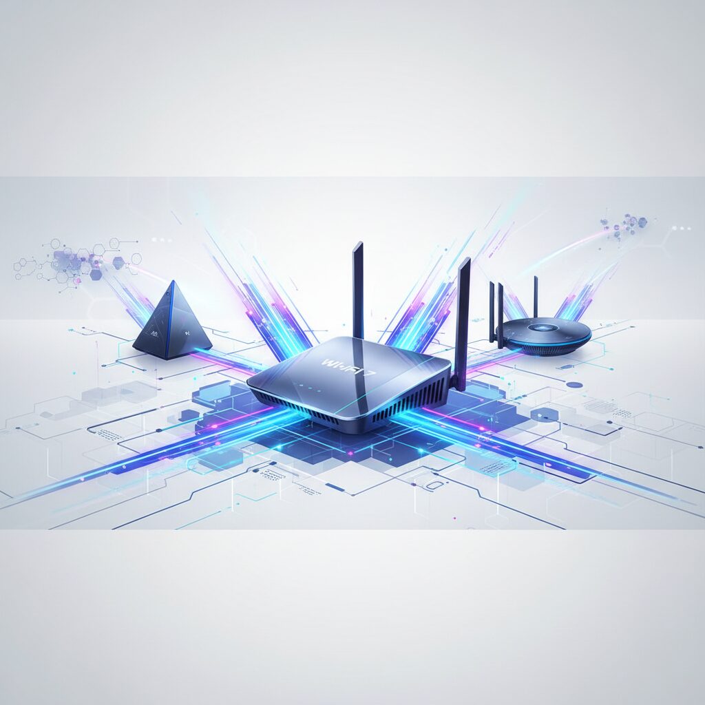 A sleek, futuristic Wi-Fi 7 router with multiple antennas emitting a subtle blue glow, symbolizing strong signal coverage, in a modern home office setting.