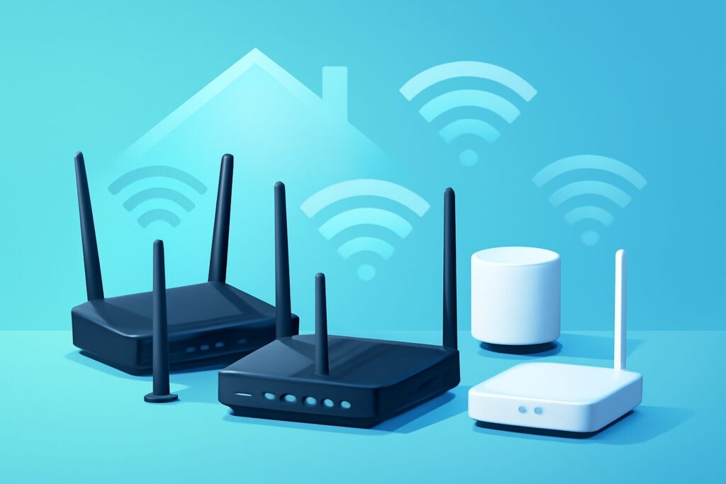 Modern wireless routers on a sleek table with a home setting