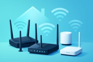 Modern wireless routers on a sleek table with a home setting
