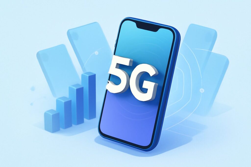 A sleek modern smartphone with 5G connectivity displayed on a reflective surface with a futuristic backdrop