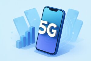 A sleek modern smartphone with 5G connectivity displayed on a reflective surface with a futuristic backdrop