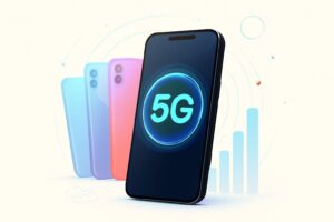 A sleek futuristic smartphone held in a person's hand, glowing 5G signal