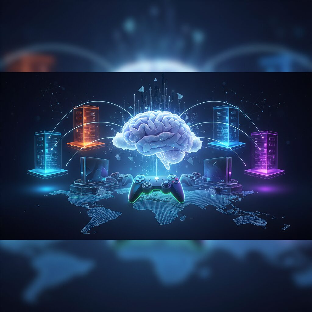A futuristic gamer immersed in a vibrant cloud gaming experience, with holographic displays and stylized cloud data streams illustrating connectivity.