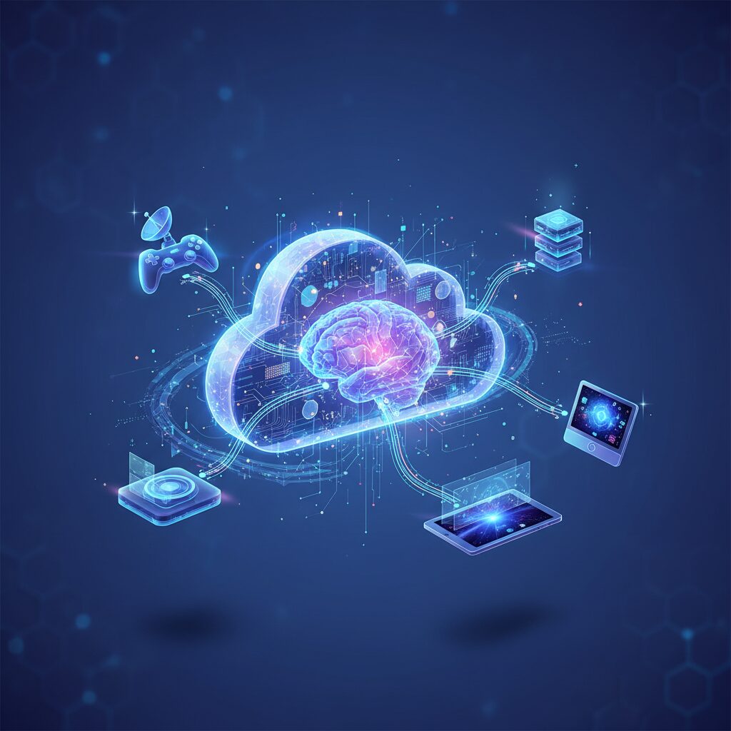 A sleek, futuristic gaming controller held by a hand, surrounded by abstract, glowing data streams and holographic game elements, set against a dynamic cloud background.