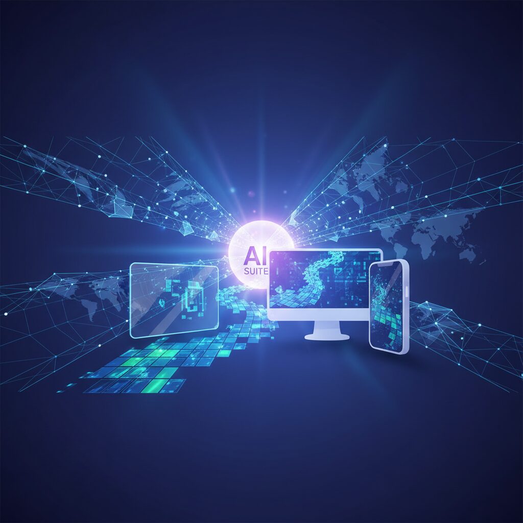 Professional workspace with a holographic interface displaying data, charts, and AI elements, symbolizing streamlined operations and productivity.
