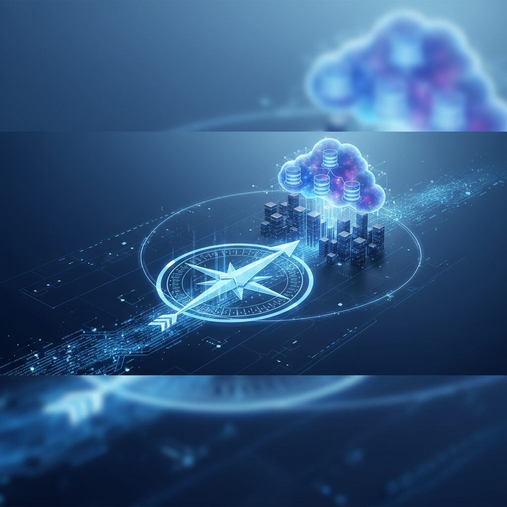 A futuristic data center with glowing servers and abstract representations of data flowing through a cloud network, symbolizing advanced data management.