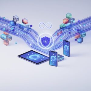 A glowing, interconnected network mesh protecting a central data point, symbolizing advanced decentralized privacy solutions in a futuristic setting.